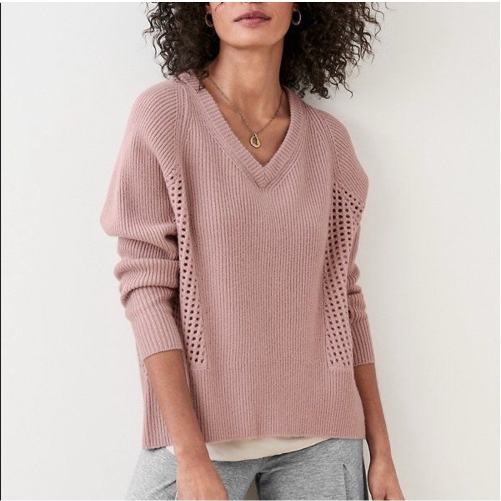 Garnet Hill Cashmere Mesh Rib-Knit Sweater Mauve Medium V-Neck Washable